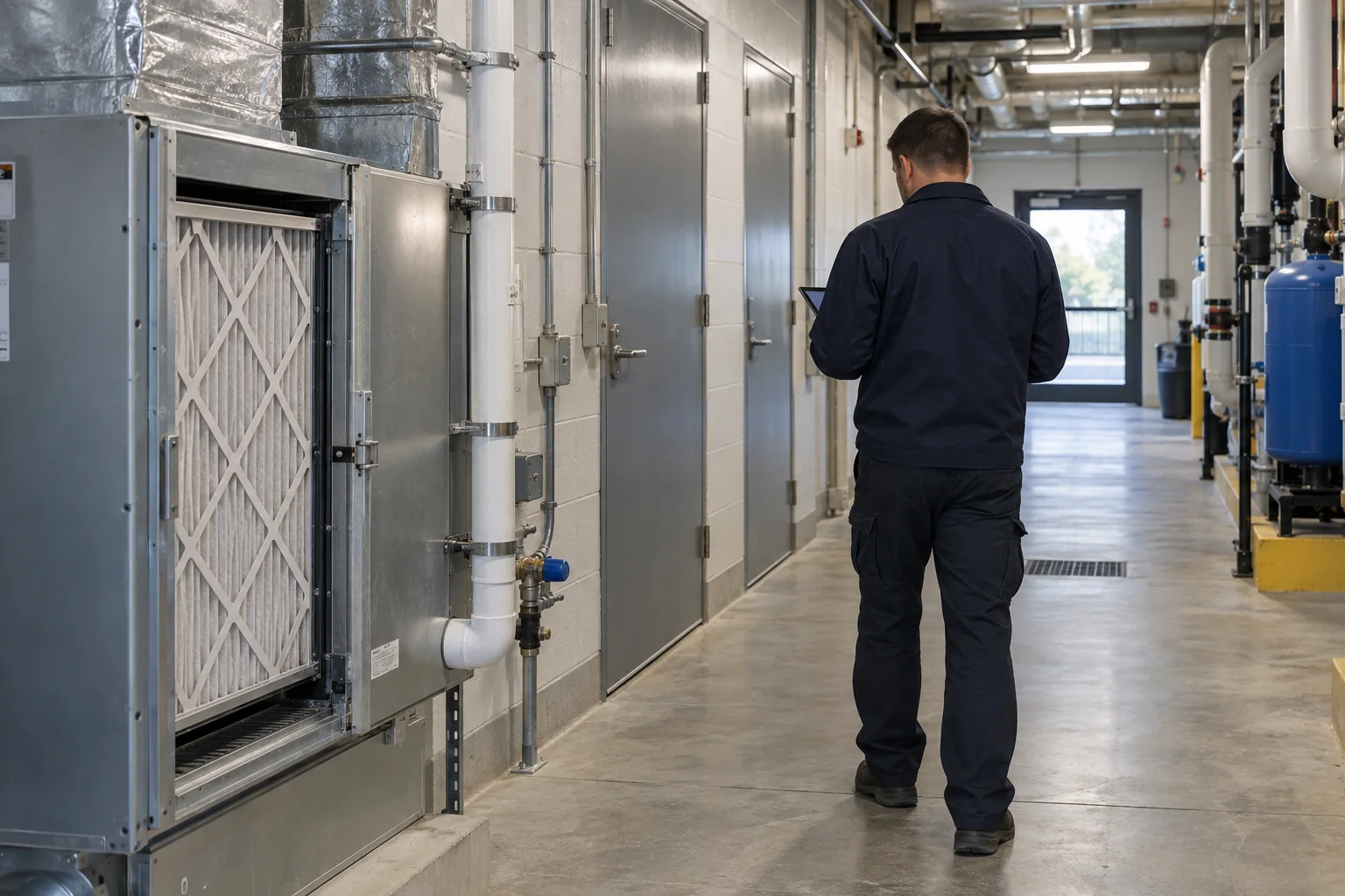 Facilities manager checking a commercial building mechanical corridor