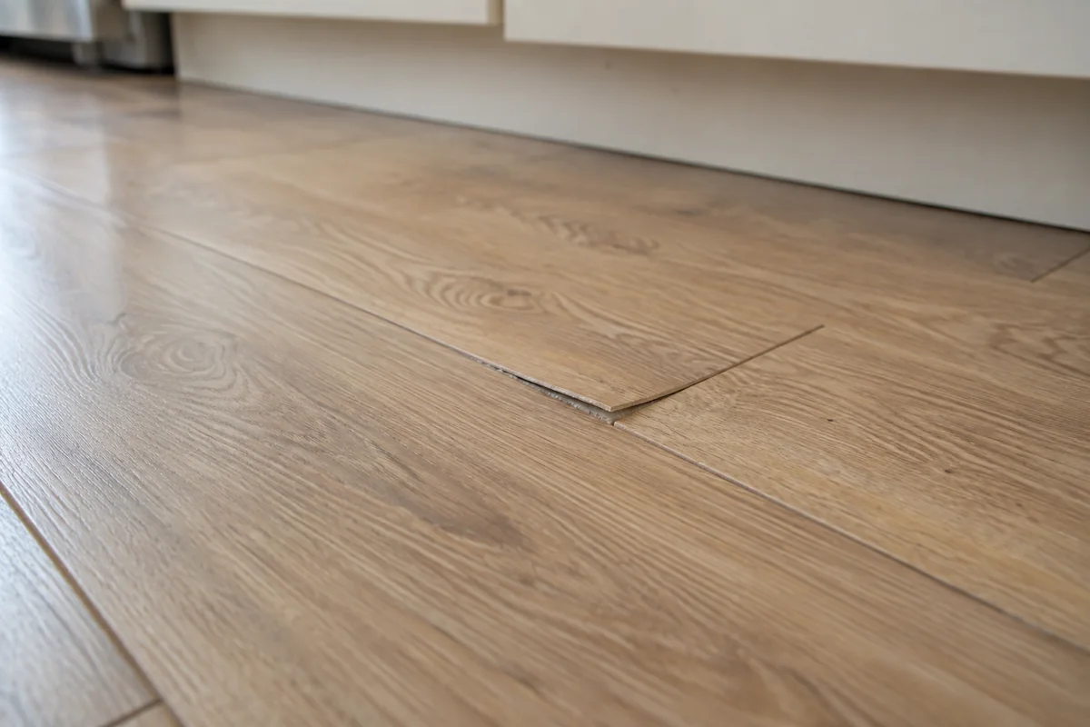 Illustrative flooring issue: a lifted laminate seam in a kitchen