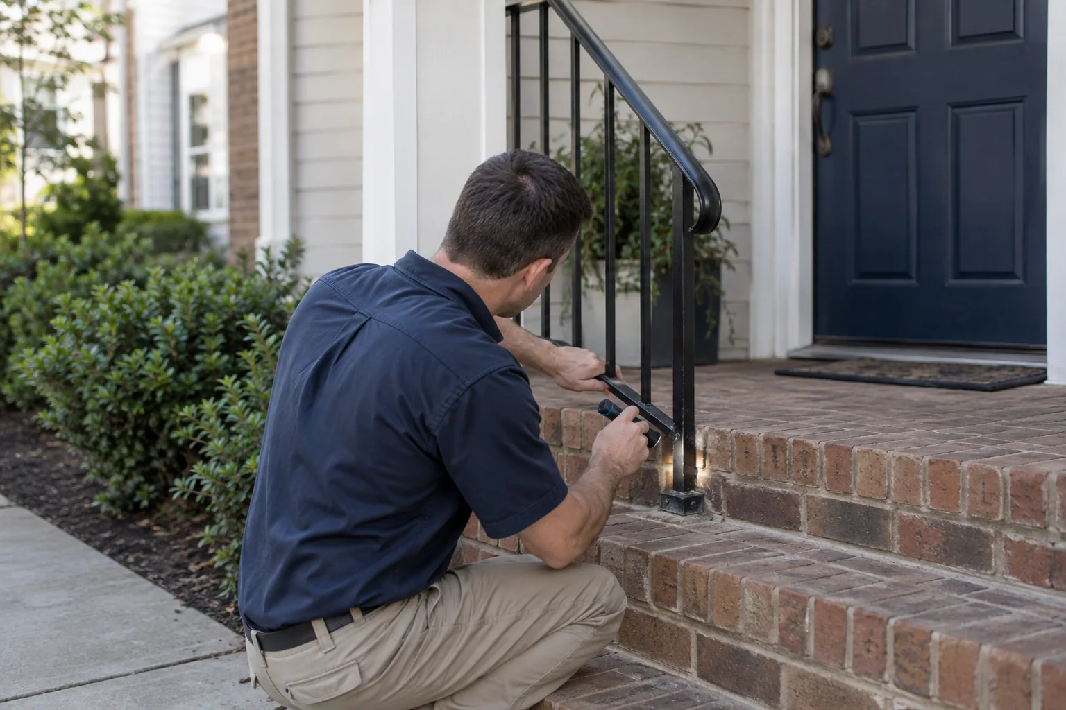 Inspector examining the fastening of a front-porch handrail