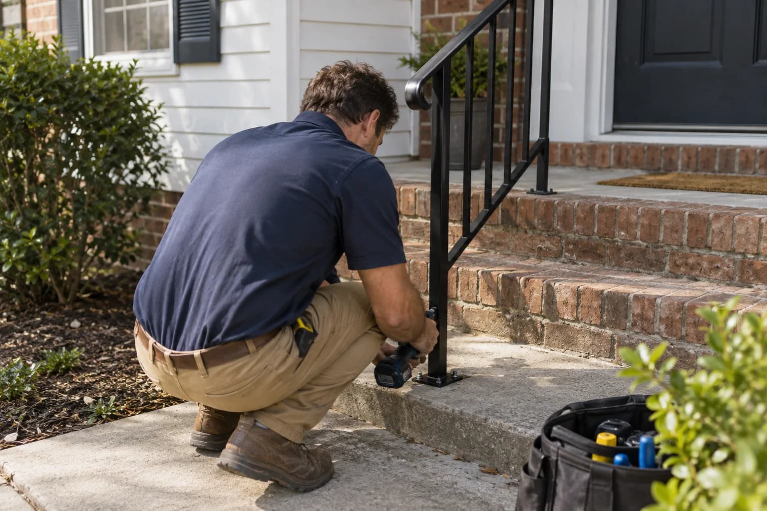 Maintenance technician working on a residential stair handrail