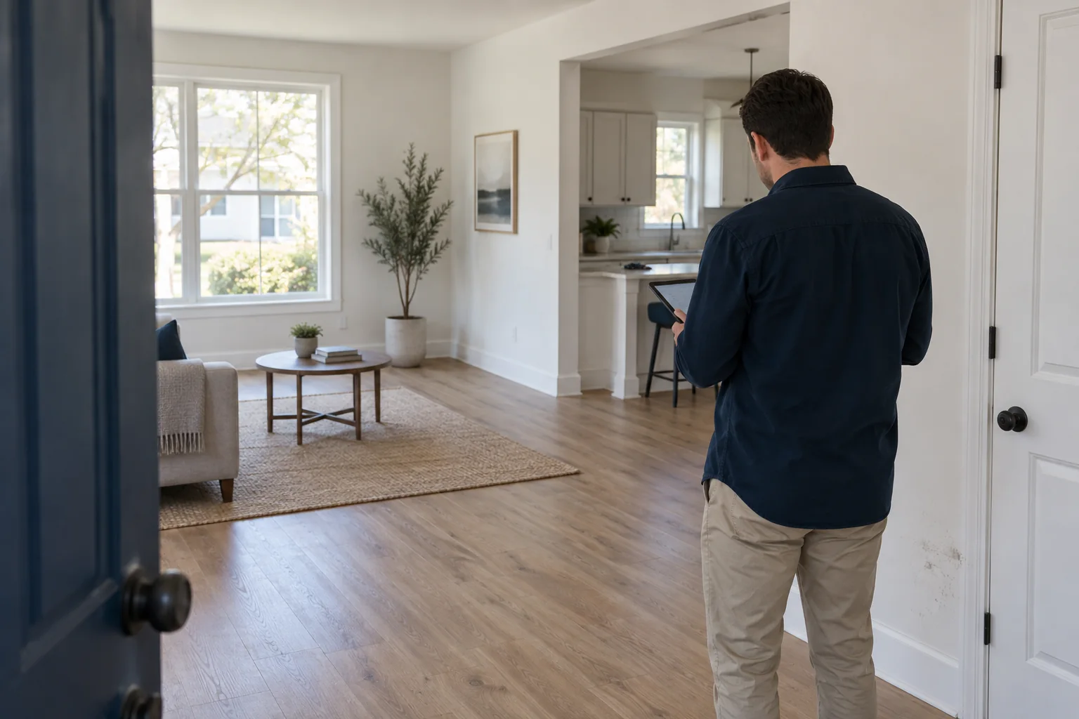 Property manager documenting a townhouse interior on a tablet during a routine visit