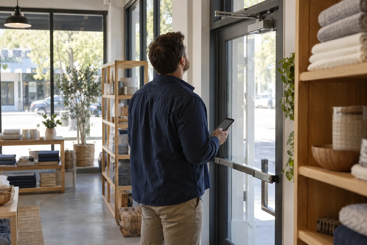 Store manager checking entrance door hardware during a shop walkthrough