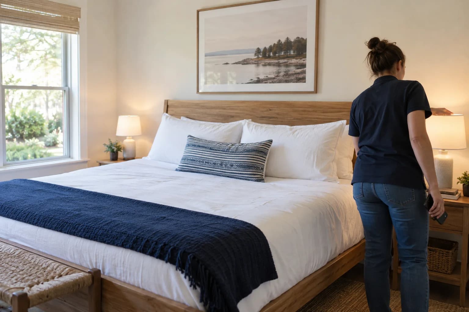 Rental caretaker checking a guest bedroom between stays