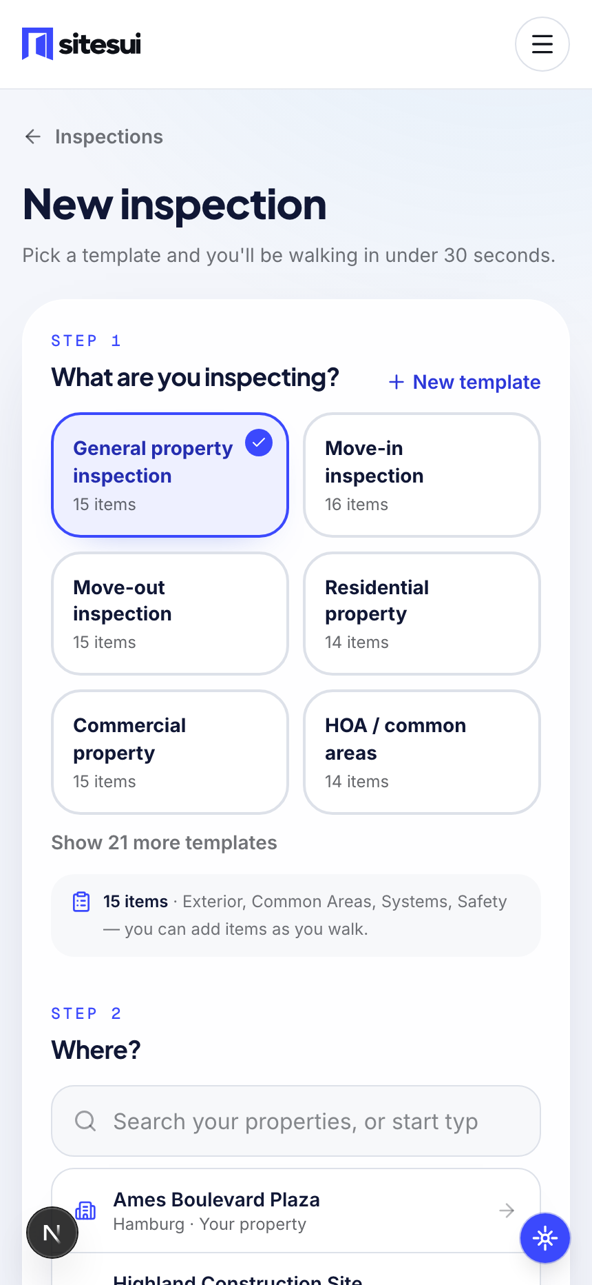New inspection screen: template picker showing General property inspection, Move-in inspection, Move-out inspection and more, with a property search below
