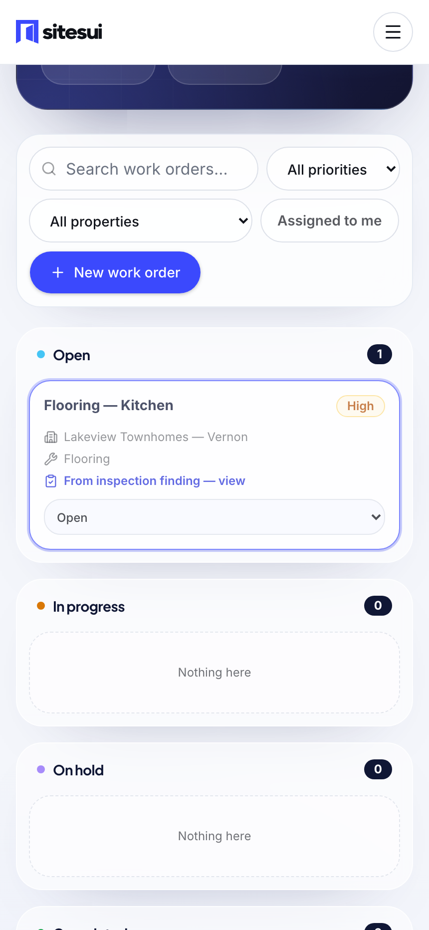 Work order board showing a new Open work order titled Flooring — Kitchen at Lakeview Townhomes, priority High, linked back to the inspection finding