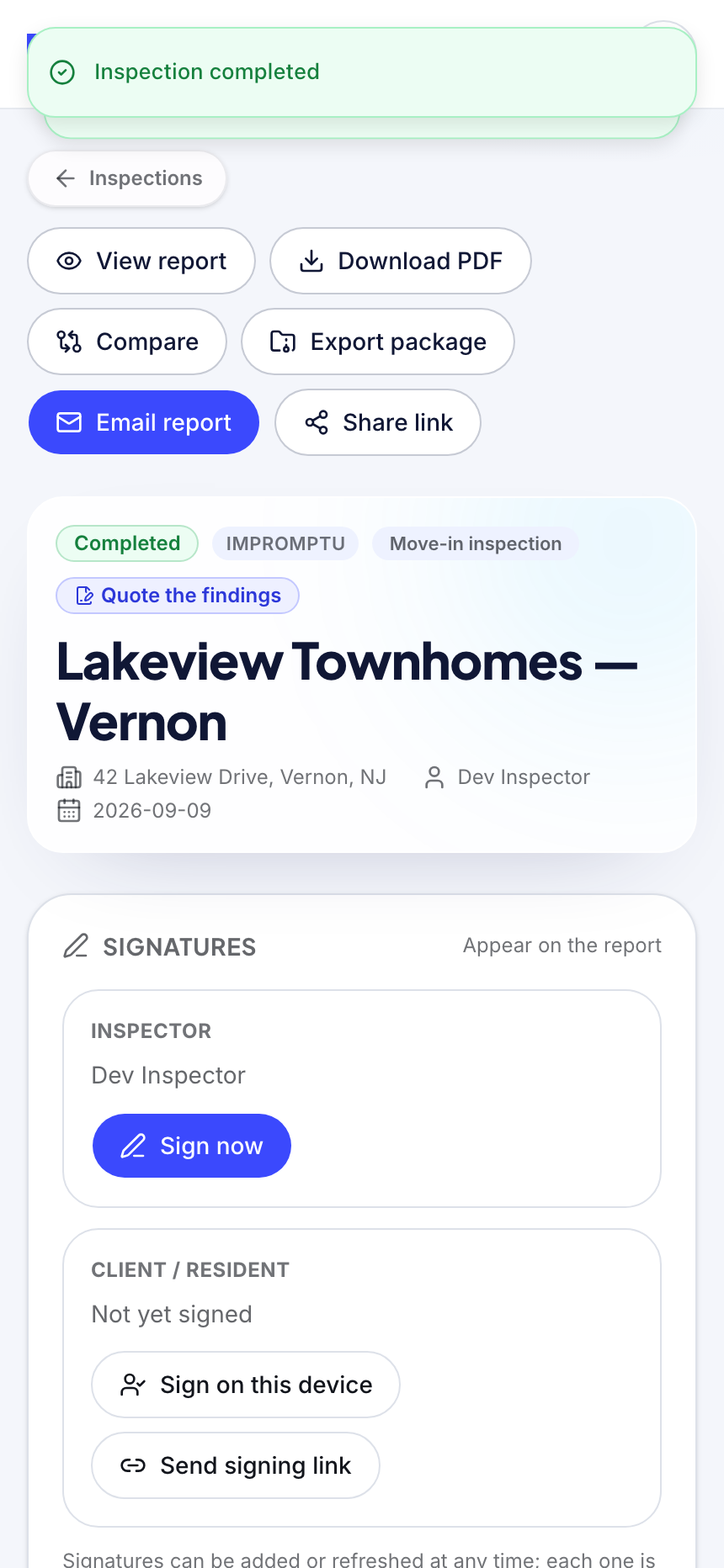 Completed inspection screen with buttons for View report, Download PDF, Compare, Export package, Email report and Share link, plus inspector and client signature panels