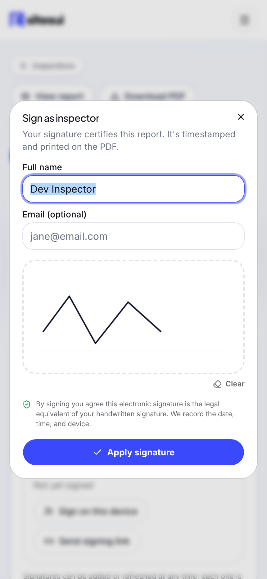 Signature capture dialog with a hand-drawn signature on the pad, name field filled in, and an Apply signature button