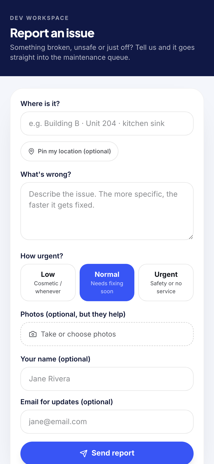Public resident report form asking where the issue is, what's wrong, how urgent, with optional photo and contact fields