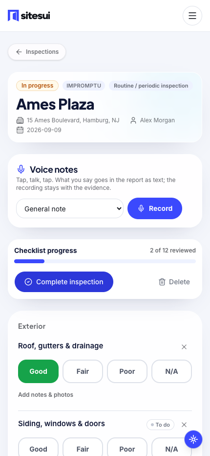 Actual Sitesui mobile inspection checklist with demonstration data
