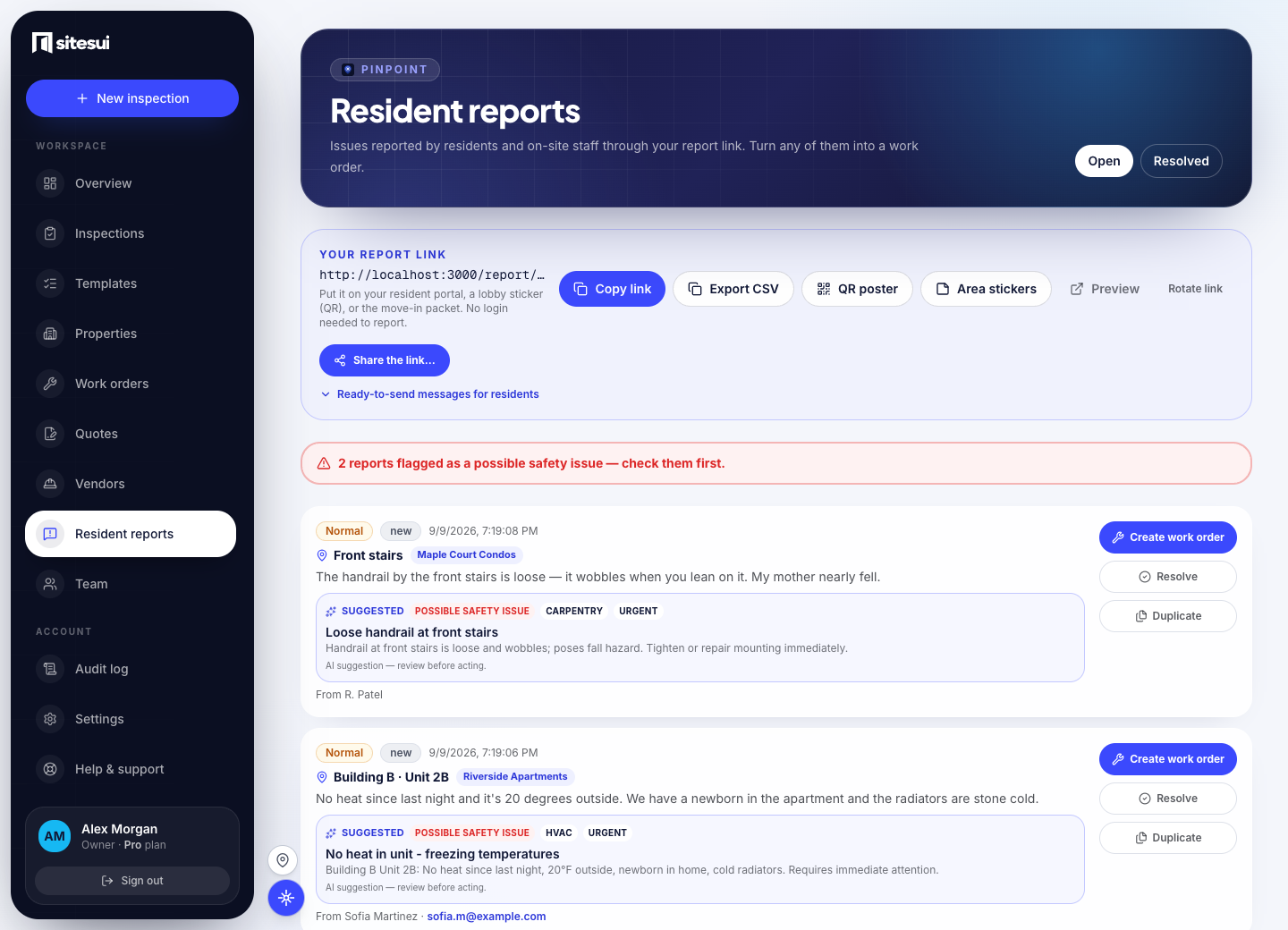 Actual resident-reports inbox with demonstration reports