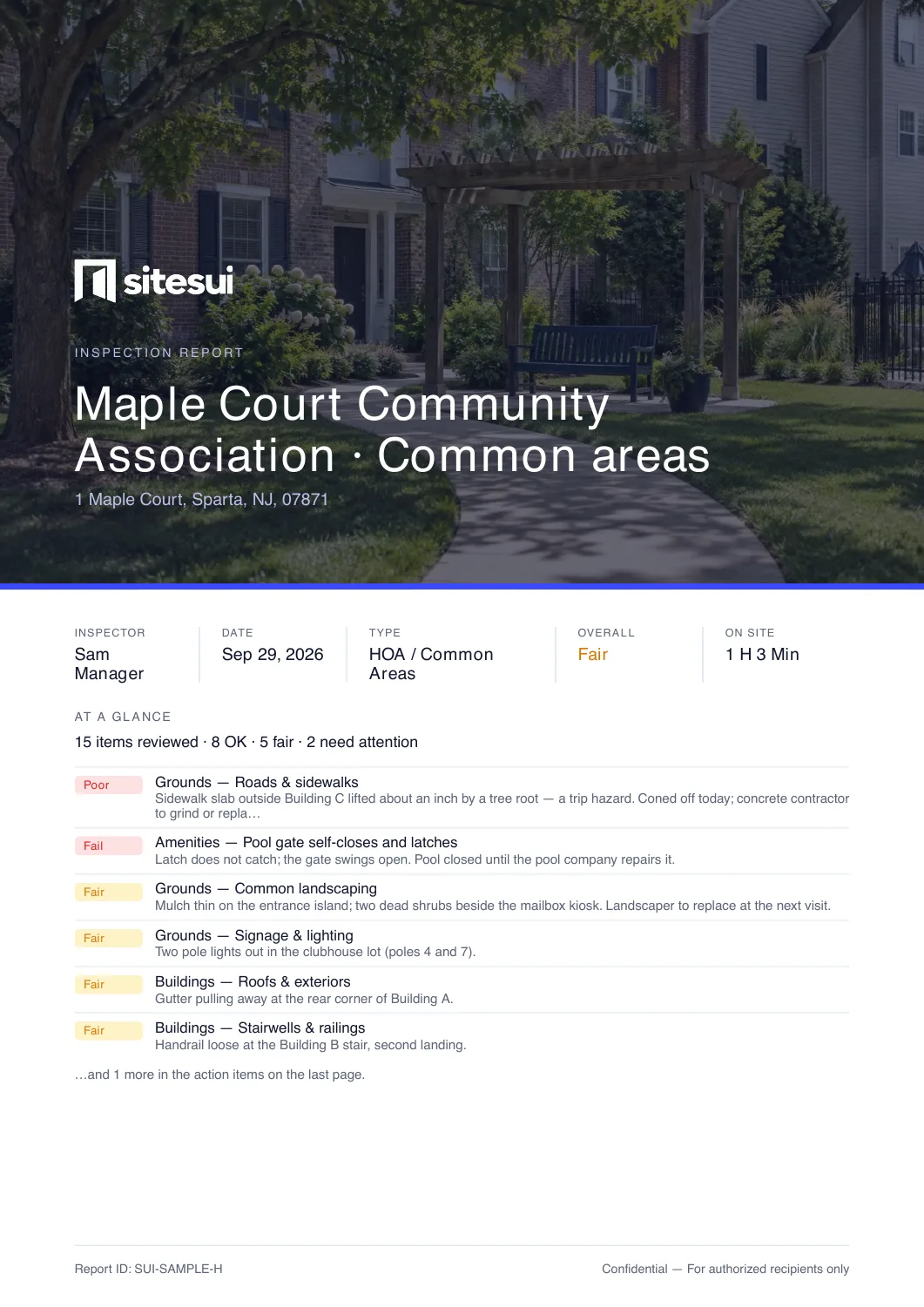 First page of the actual Sitesui sample PDF for the Maple Court Community Association common areas: the walk details and the items that need attention